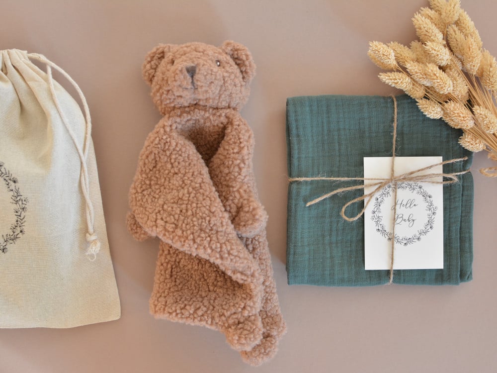 Geburtsgeschenk Schmusetuch Teddybär Plüsch Grün